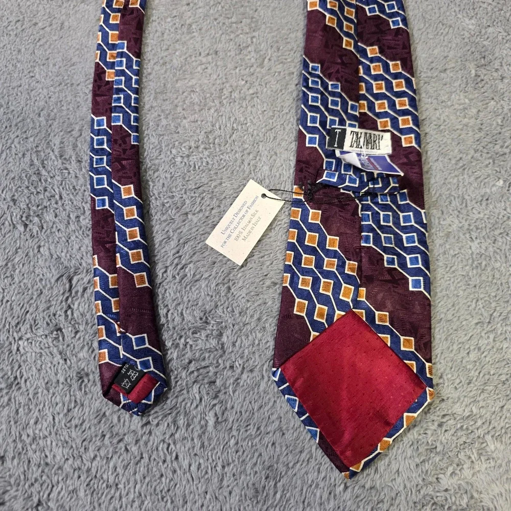 Talyari Mens OS Necktie Burgundy Blue Gold Geometric Diamond 100% Italian Silk